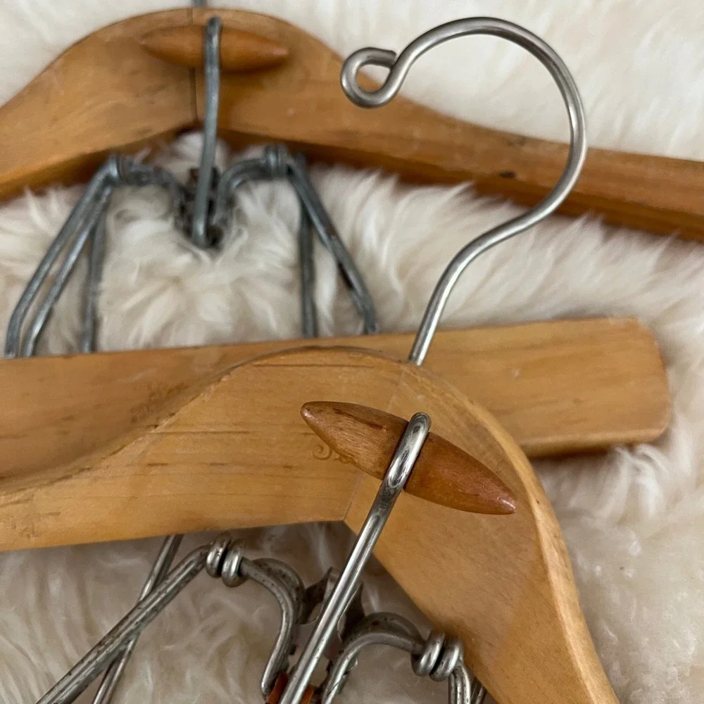 2 Vintage Wooden Suit Hangers with Trouser Clamps, Branded Mid Century Decor